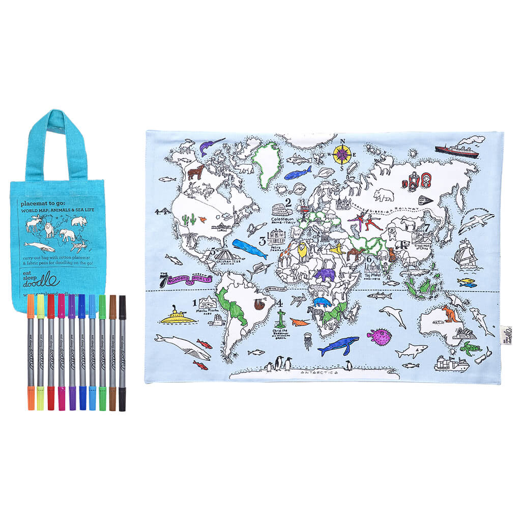 World Map Double-Sided Place Mat to Go And Pens - eatsleepdoodle