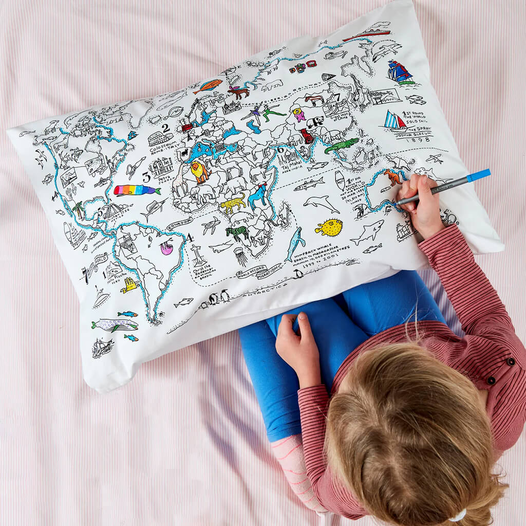 World Map Colour And Learn Pillowcase And Pens - eatsleepdoodle