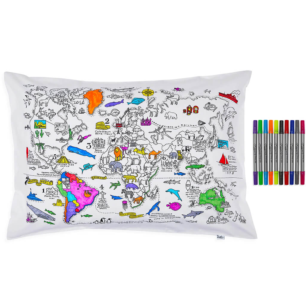 World Map Colour And Learn Pillowcase And Pens - eatsleepdoodle